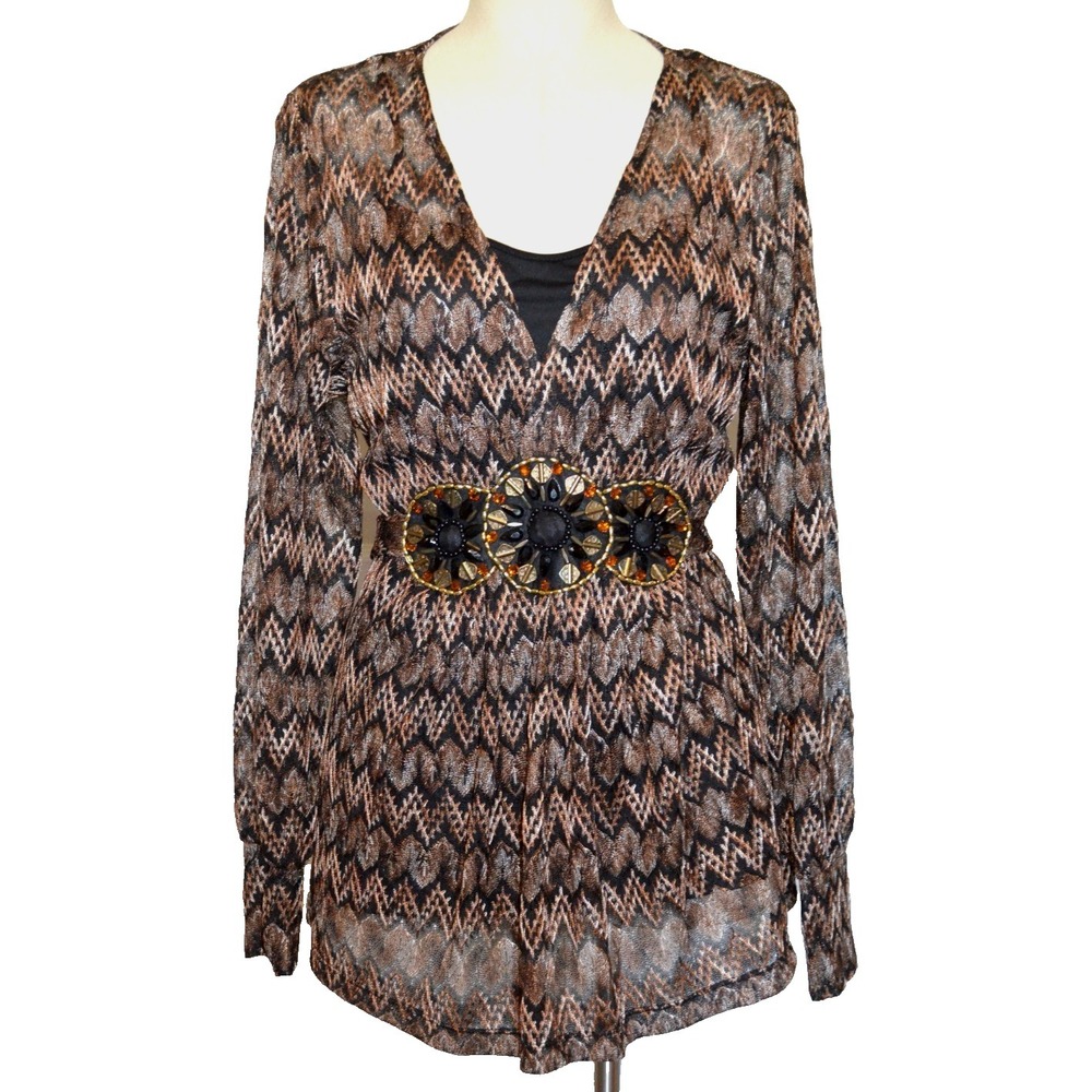 Beige by ECI Pullover Blouse w/ Cami‎ Brown Chevron Embellished Waist Belted